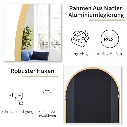 Koonmi Bogen Ganzkörperspiegel, 44 x 147 cm Gewölbter Standspiegel in voller Länge, an der Wand montiert, lehnend, Bodenspiegel Ganzkörper als Ankleide Eitelkeitsspiegel für Wohnzimmer, Gold thumbnail 4