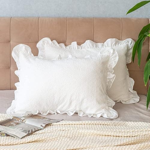 Pillow Shams Set of 2 Pure Cotton Champray Ruffled Edge,Thick and Solid Washed Dobby Heavy Fabric (Standard 20x26 inches) - Image 1