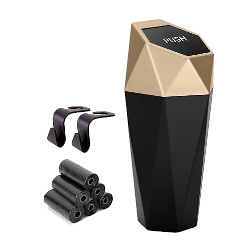 Ginsco Car Trash Can Cup Holder, 2 Pack Mini Car Trash Can with Lid, Car Accessories for Interior, Leakproof Small Trash Cup for Car, Home with Additional 2 ABS Hooks and 90pcs Trash Bags Golden thumbnail 2