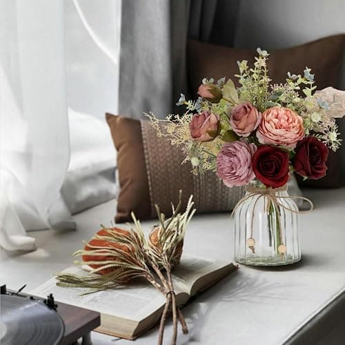 LESING Fake Artificial Flowers with Vase Faux Silk Flower Bouquet in Glass Vase Rose Floral Arrangements Flower for Home Office Decoration, Dining Table Centerpiece (Red) thumbnail 6