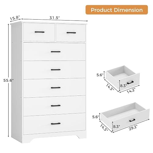 Hasuit Tall Dresser for Bedroom, White Large Chest of Drawers, 55.6'' High Dressers with 7 Drawers, Modern Wooden Vertical Storage Clothes Closet Organizer thumbnail 2