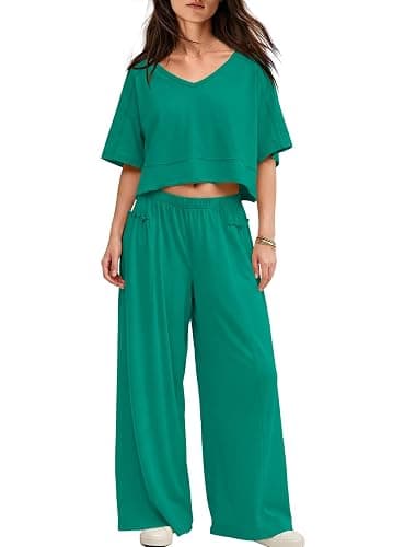 Yanekop Womens Two Piece Lounge Set for Summer Airport Travel Outfit V Neck Crop Tops and Wide Leg Pants with Pockets - Image 1