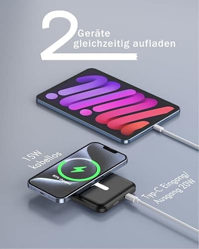 Podoru for Magsafe Powerbank iPhone 5000mAh,Powerbank mag-Safe mit Typ-C Kabel,Power Bank Magnetisch PD 20W Schnellladen,Powerbank mag-Safe für iPhone 17/16/15/14/13/12/All Series-Schwarz thumbnail 6