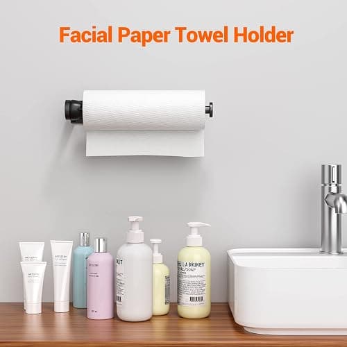 Paper Towel Holder Under Cabinet, Single Hand Operable Wall Mount with Damping Effect, Self-Adhesive or Drilled for Kitchen Bathroom, Black thumbnail 5