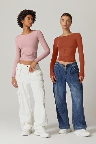 QINSEN Womens Crewneck Long Sleeve Shirt Double Lined Basic Tees Side Ruched Going Out Crop Tops thumbnail 7