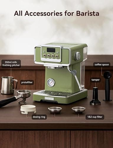 Neretva Espresso Machine, 58mm Professional Espresso Coffee Machine 15 Bar Retro Espresso Maker with Powerful Milk Frother & Visible Pressure Gauge for Home Barista Latte and Cappuccino Maker-Green thumbnail 7