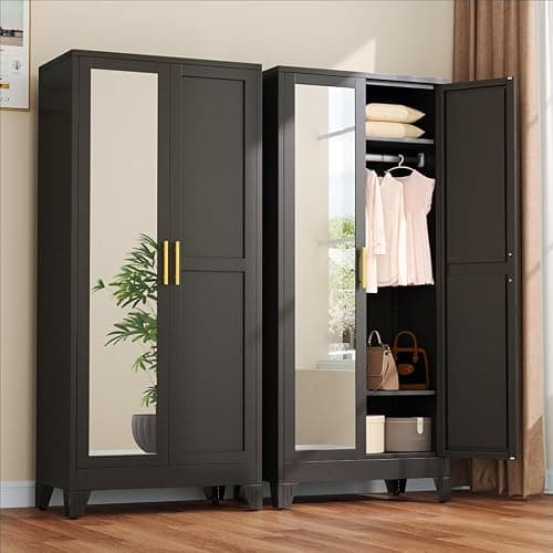winiowa Metal Armoire Wardrobe Closet with 2 Mirror Doors, 71" Wardrobe Cabinet with Adjustable Shelves and Hanging Rod, Clothing Storage Cabinet Closet with Mirror for Bedroom-Black - Image 1