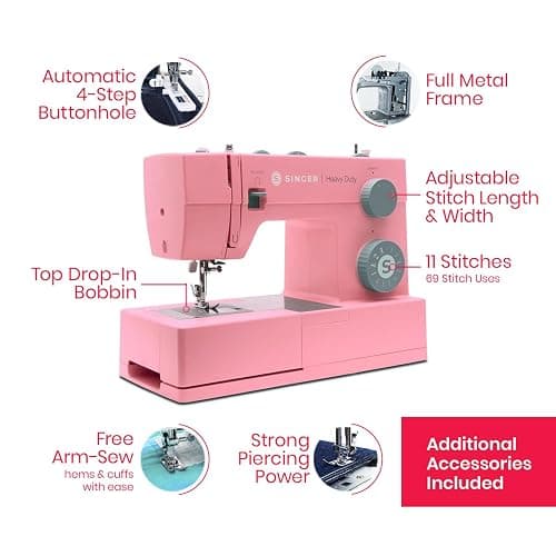 SINGER® Heavy Duty 4411 (Pink) High Speed Sewing Machine + Accessories | 11 Built-In Stitches Deliver 69 Stitch Applications | 60% More Power, 1100 Stitches/Min | Metal Frame, 4-Step Buttonhole thumbnail 3