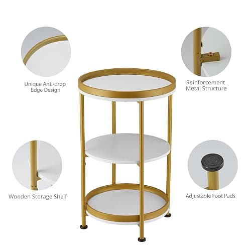 YEAKOO Nordic End Table, 3-Tier Round Side Table with Storage Shelf Edge Protection Tray, Sturdy Metal Frame Coffee Table Bedside Table for Living Room Bedroom Small Spaces (White & Gold) thumbnail 6