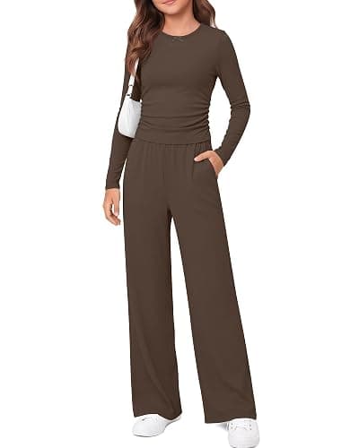 Custoneei Girls' 2 Piece Outfits 5-14Y Cute Sets | Tween Girls Casual Cute Sets, Teens Sweat Suits, Kid Long Sleeve Crew Neck Bow Top, Wide Leg Pants, Lightweight Fall Winter - Image 1