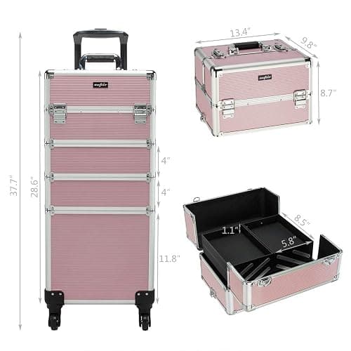 mefeir 4 in 1 Rolling Makeup Train Case, Aluminum Makeup Travel Organizer Cosmetic Case, Cosmetology Display Suitcase on Wheels, Beauty Storage Luggage Lockable w/4 Removable Wheels (Pink) thumbnail 9