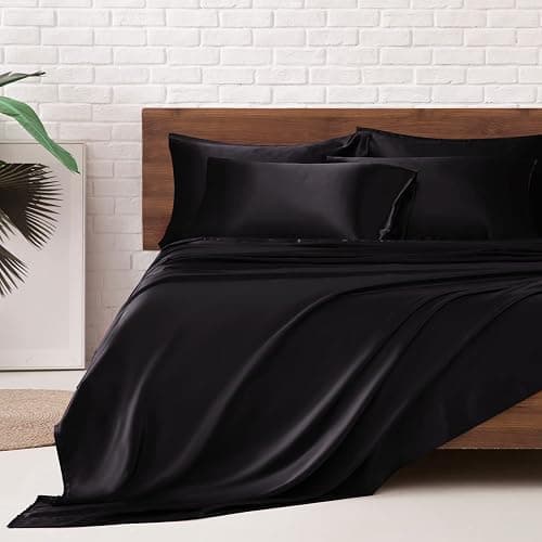MR&HM Satin Bed Sheets, Full Size Sheets Set, 6 Pcs Silky Bedding Set with 15 Inches Deep Pocket for Mattress (Full, Black) - Image 1