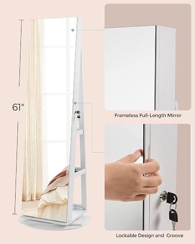SONGMICS 6 LEDs Lockable Mirror Jewelry Cabinet, 360° Swivel Jewelry Organizer Armoire Standing, Frameless Full-Length Mirror, 3 Storage Shelves, Christmas Gifts, White Surface Black Lining UJJC007W01 thumbnail 8