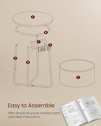 VASAGLE LILEA Collection - Side Table with Charging Station, Round End Table with Fabric Basket, Nightstand with USB Ports, for Living Room, Bedroom, Modern, Matte White and Camel Brown ULET228W01 thumbnail 8