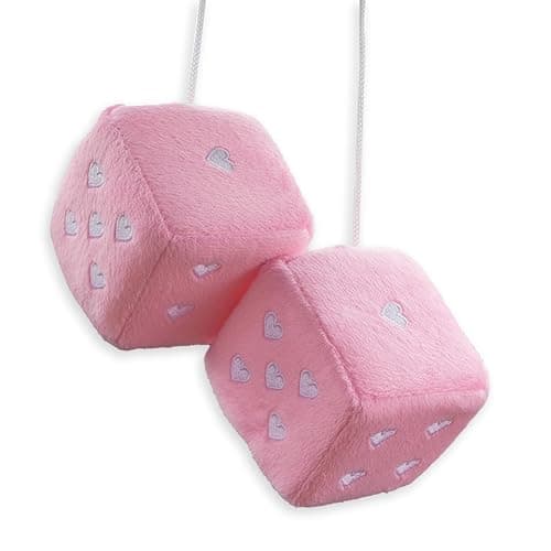 Heart Shaped Vintage Embroidered Fuzzy Plush Dice, Pair 3” Heart Shaped Hanging Dice Ornaments, New Car Decorative Vintage Accessories for Car Interior Rearview Mirror(Pink) - Image 1