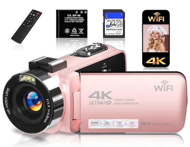 4K Video Camera Camcorder,UHD 56MP Camera Recorder,WiFi Vlogging Cameras for YouTube with IR Night Vision,18X Digital Zoom 3.0''Touch Screen Cam Corder with 64GB Card,Remote Control,Webcam,Pink - Image 1