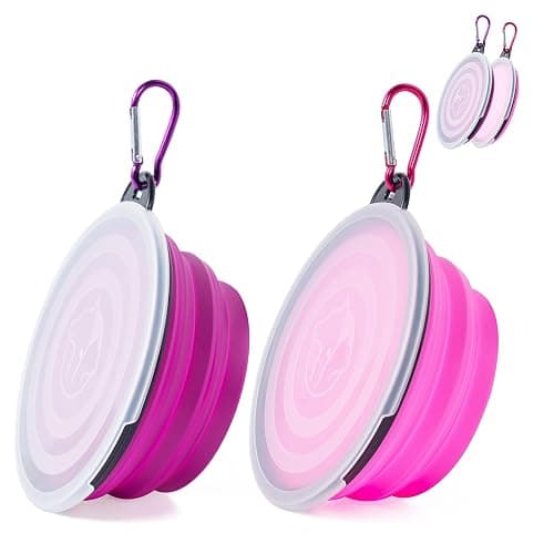 SLSON Dog Bowls Pet Collapsible Bowl with Cover Lids,2 Pack Dog Travel Bowls Portable Foldable Cat Water Dish Bowl for Pets Walking Parking Camping (Pink and Purple, Small) - Image 1
