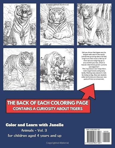 50 Tigers Coloring Pages for Kids: +50 Amazing Facts about Tigers. Coloring Book for Children Aged 4 and Over. Color and learn with Janelle - Animals - Vol. 3 thumbnail 2