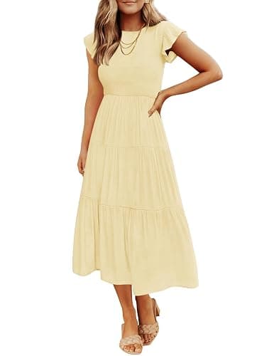 ZESICA Women's 2026 Summer Casual Flutter Short Sleeve Crew Neck Smocked Elastic Waist Tiered Midi Dress - Image 1
