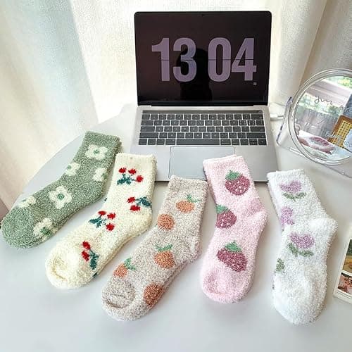 Kelabia 5 Pair Cute Floral Fuzzy Socks, Women Fluffy Slippers, Cottagecore Winter Thick Cozy Vintage Long Socks thumbnail 2