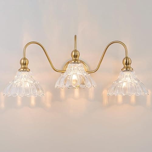 BrkNit Vintage Bathroom Light Fixtures Over Mirror, 3-Light Brass Wall Sconce Lighting with Flower Glass Shade, Farmhouse Vanity Lights for Bedroom Kitchen Living Room Hallway Light - Image 1