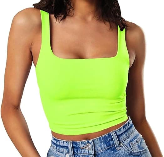 Artfish Women's Sleeveless Strappy Tank Square Neck Double Layer Workout Fitness Casual Basic Crop Tops - X-Small - Neon Lime Green