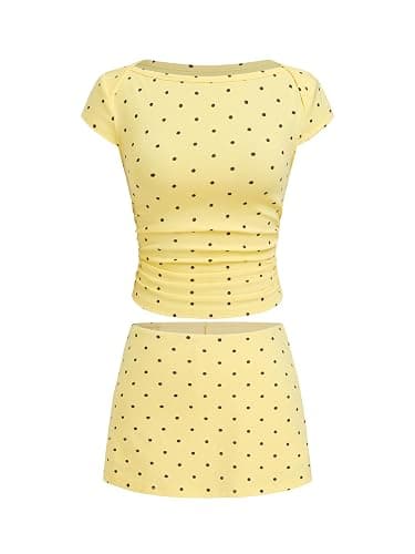 CIDER Womens Summer Outfits Polka Dot Ruched Tee Low Waist Mini Skort Boat Neck Set - Image 1