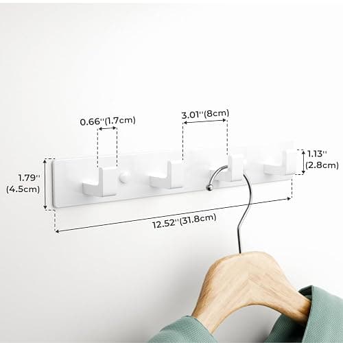 White Coat Rack Wall Mount - 12.5" Rail with 4 Right-Angle Hooks(1 Pack) | Drill-Mounted Organizer for Coats, Hats, Bags in Entryway, Bathroom, Bedroom thumbnail 3