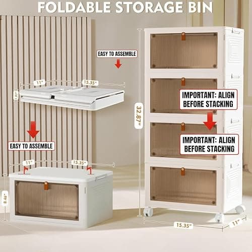 YFXCVSL 4 Tier Plastic Storage Bins with Lid 23QT, Stackable Storage Containers with Wheels, Folding Storage Boxes, Collapsible Storage Bins, Closet Organizers and Storage for Living Room,Office,Dorm thumbnail 7