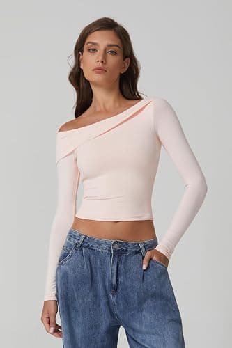 QINSEN Women Long Sleeve Off Shoulder Tops Trendy Double Lined Going Out Shirt for Fall thumbnail 2