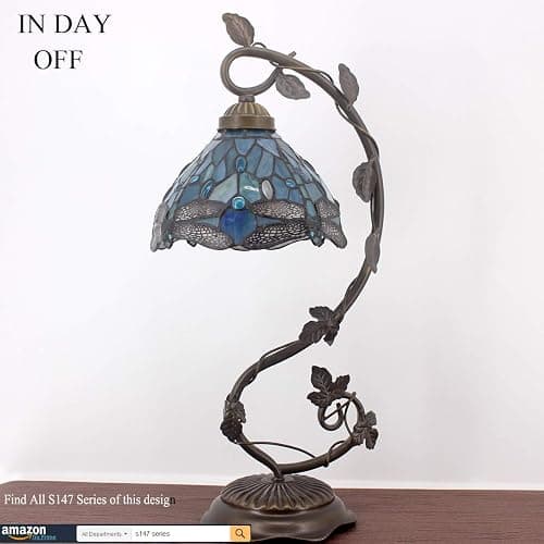 WERFACTORY Tiffany Lamp Sea Blue Stained Glass Dragonfly Style Desk Reading Light, Metal Leaf Table Lamp Base 8X10X21 Inches Decor Small Space Bedside Bedroom Home Office S147 Series thumbnail 5