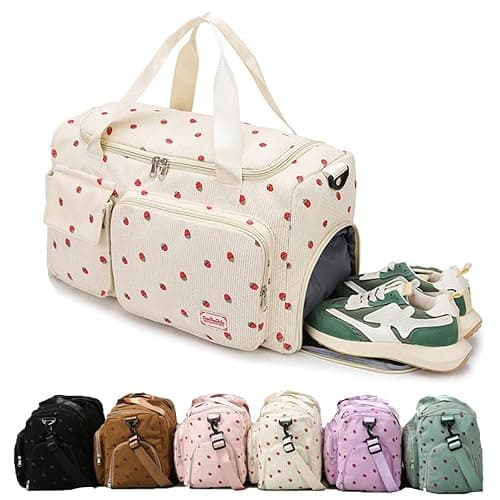 Strawberry Duffel Bag for Girls,Corduroy Gym Bag with Shoe Compartment & Wet Pocket,Cute Travel Weekend Overnight Dance Bag for Teens (white) - Image 1