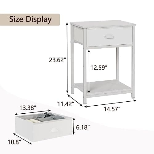 Furologee White Nightstands Set of 2, End Table with Fabric Drawer, Small Side Table for Small Spaces, 2 Tiers Storage Shelves End Table, Bedside Table for Living Room, Bedroom, Dorm - White - 2 thumbnail 3
