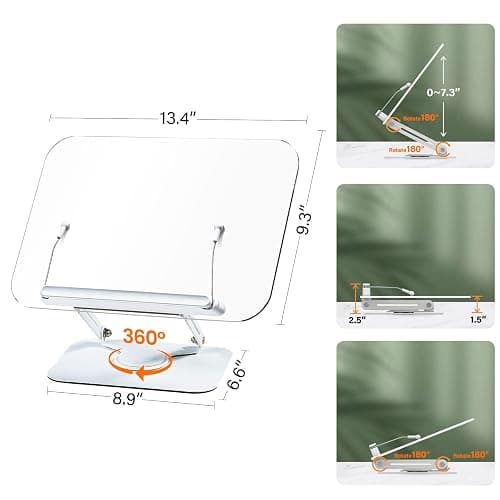 BYMECOST Acrylic Book Stand for Reading, Adjustable Book Holder with 360° Rotating Base & Elastic Page Clips, Foldable Desktop Riser Stand for Cookbook,Laptop,Tablet,Music Scores,Recipe,Textbook thumbnail 3