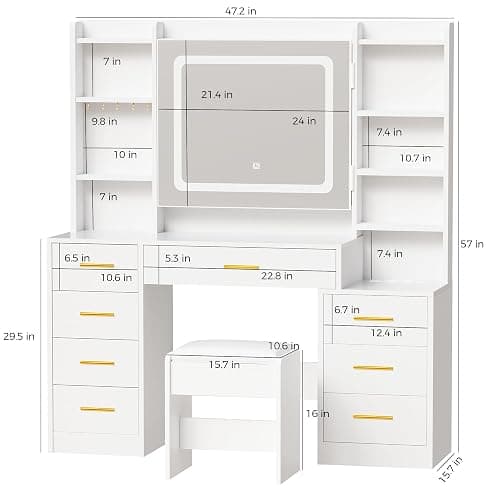 BEWISHOME Large Vanity Desk with Mirror and Lights,White Makeup Vanity Table with Power Outlet,Makeup Desk with 8 Drawers,7 Open Shelves,12 Hooks,Nightstand and Stool,Dressing Table for Bedroom FST53W thumbnail 2