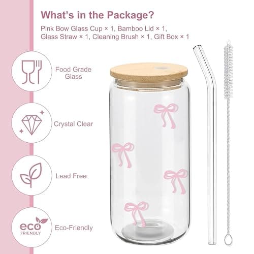 Mikopei Coquette Aesthetic Glass Cups with Lids and Straws - Pink Bow Iced Coffee Cup Decor, Cute Tumbler Smoothie with Cleaning Brush&Gift Box, Gifts for Girls Women Friends, 16 oz thumbnail 4