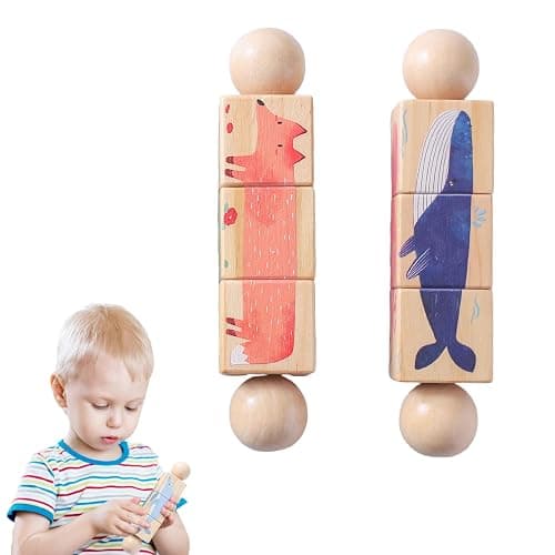 Promise Babe Wooden Animal Puzzle Toy for Toddlers 1-3, Rotating Spin Twist Blocks Set of 2, Learning Educational Montessori Toy Gifts for Kids Boys Girls, Whale and Fox - Image 1