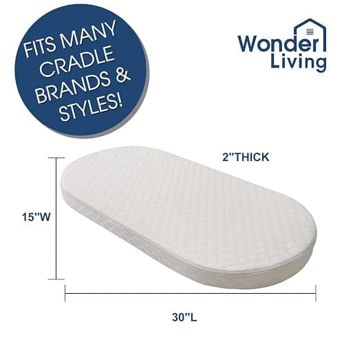 Wonder Living Baby Bassinet Mattress, Breathable, Hypoallergenic, Premium Foam, Non-Toxic, Oval Shaped with Removal Waterproof Cover,15" x 30" x 2'', White thumbnail 3