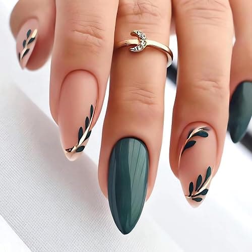 LPOODDNU Almond Press on Nails - Dark Green Medium Fake Nails with Leaf Designs, Glossy Finished Reusable False Nails with Double Adhesive Glue Tabs - 24Pcs Nail Kit for Women Manicure - Image 1