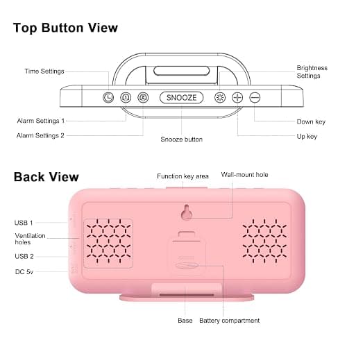 ALANAS Pink Mirror Digital Alarm Clock for Girls & Teens, Dual Alarms, Snooze, Adjustable Brightness, 2 USB Ports, Weekday Display, Cute Bedside Clock for Kids, Bedroom, Desk, Dorm, Gift Idea thumbnail 8