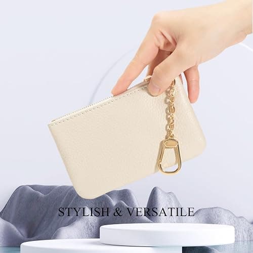 LARENNT Full Grain Leather Coin Purse with Key Chain - Small Change Purse Keychain Card Holder Keychain Pouch Small Keychain Wallet for Women and Men (Creamy-white, Large Size) thumbnail 2