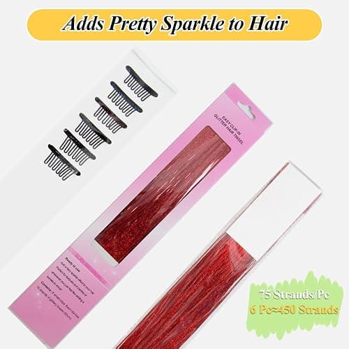 OSUNTRESS Red Hair Tinsel Clip In Accessories for Women 480 Strands 6Pcs | 20-22 Inch Fairy Clip On Hair Tinsel Kit Glitter Heat Resistant Straight Colored Extensions for USA Girl Festival Party Beach thumbnail 3