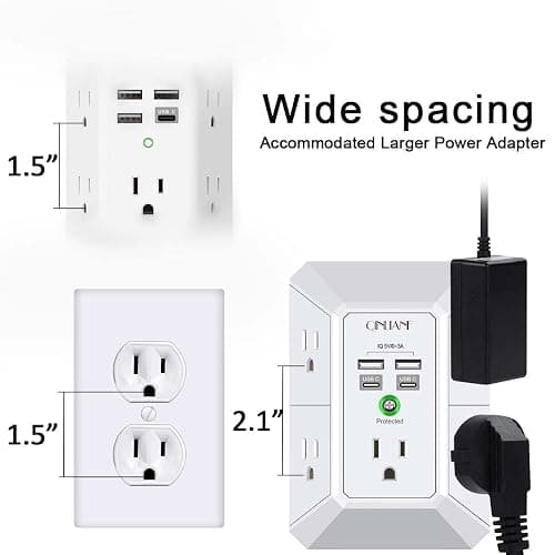 USB Wall Charger, Surge Protector, QINLIANF 5 Outlet Extender with 4 USB Charging Ports(2U2C) 3-Sided 1680J Power Strip Multi Plug Outlets Wall Adapter Spaced for Home Travel Office, White thumbnail 6