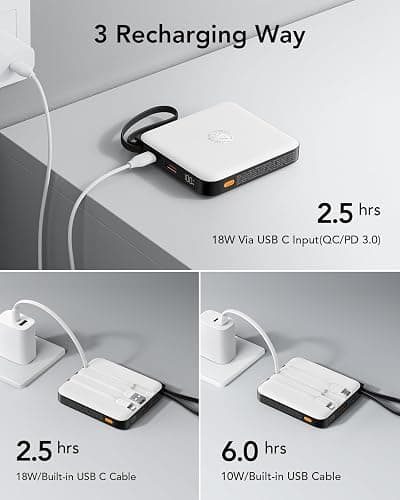 VRURC Battery Pack Charger Portable 10000mAh, 22.5W Power Bank Fast Charging with Built-in Cable, Cell Phone Power Bank for iPhone 17 16 15 & Early Series (White) thumbnail 5