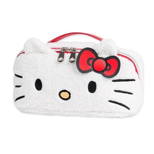 Impressions Vanity Hello Kitty Unfold Travel Makeup Bag Organizer, Opens Flat Zippered Cosmetic Bag with Cozy Sherpa Fabric Texture, Dual Compartments, Inner Pockets, Top Carrying Handle thumbnail 3