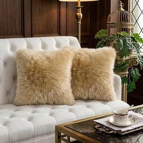 AGFNGE Luxury Soft Fur Sheepskin Fleece Cushion Cover Pillowcase Decorative Throw Pillows Covers, No Pillow Insert, 1pc (Khaki Camel, 18"×18") thumbnail 2