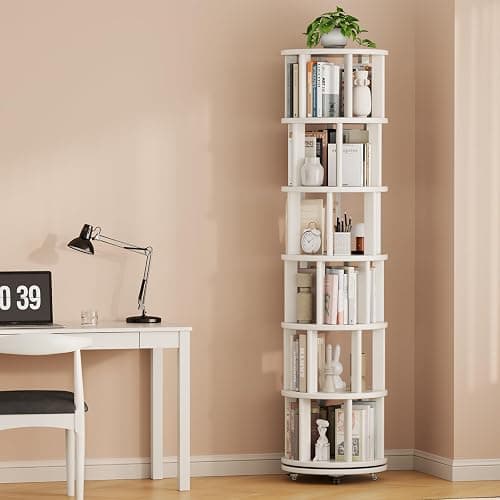 Muwuele Solid Wood Rotating Bookshelf on Wheels, 6 Tier, Round Revolving Bookcase, 360° Spinning Book Shelf Tower for Kids, Narrow Rolling Bookshelves for Small Space, Corner, Bedroom, Office, White thumbnail 9