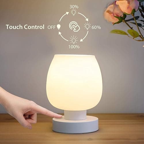 ONEWISH Small Bedside Lamp for Bedroom, 3-Way Dimmable Touch Control, 600 Lumen Bright Opal Glass Shade, 7.5 Inch Ultra Compact Nightstand Lamp, Warm White 2700K LED Bulb Included, Modern Design thumbnail 2