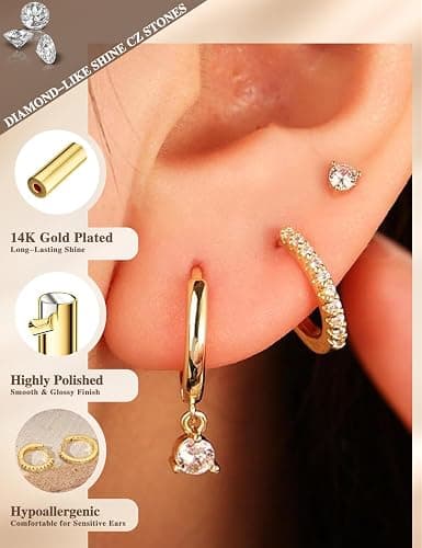 Freekiss 3 Pairs Gold Hoop Earrings Set: Dainty Stud Earrings Trendy Small 14K Gold Plated Hypoallergenic Dangle Cartilage Huggie Hoop Earrings for Women Gold Jewelry for Women Gifts thumbnail 4