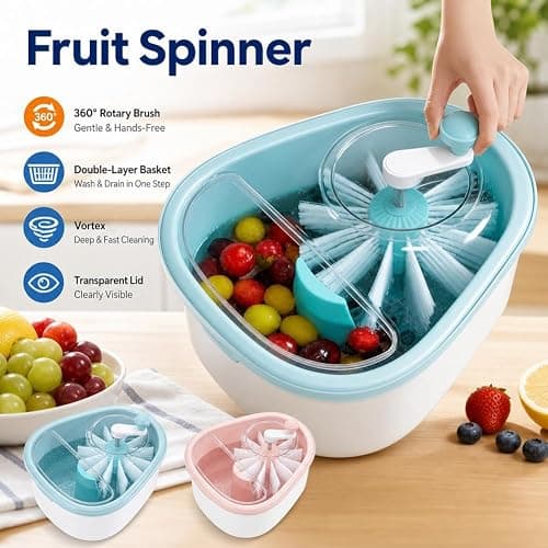 Fruit Cleaner Spinner, Large Fruit Washer Spinner, Fruits Cleaner Spinners with FruitWasher Spinners Bowl, Vegetable FruitSpinner Washers,Double Layer Design,for strawberry blueberries thumbnail 4